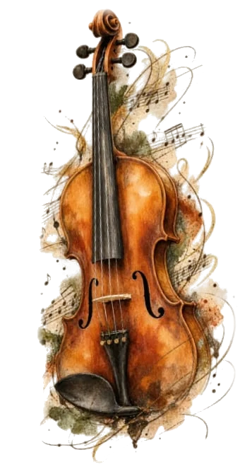 Watercolor illustration of a violin surrounded by drifting music notes